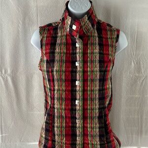 Women’s Christopher & Banks Quilted Vest Red Black Green Striped Plaid Size S